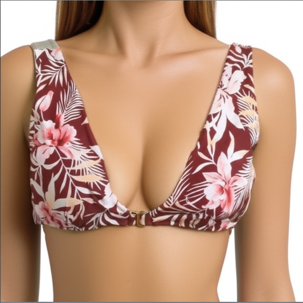 Radio Fiji Bikini‎ Top L Maroon Pink Simi Plunge VNeck Tropical Floral Swimwear